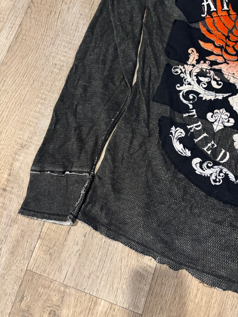 Y2K Affliction Black Long Sleeve with Orange and White Crest Graphic. Size XL - Picture 2 of 7
